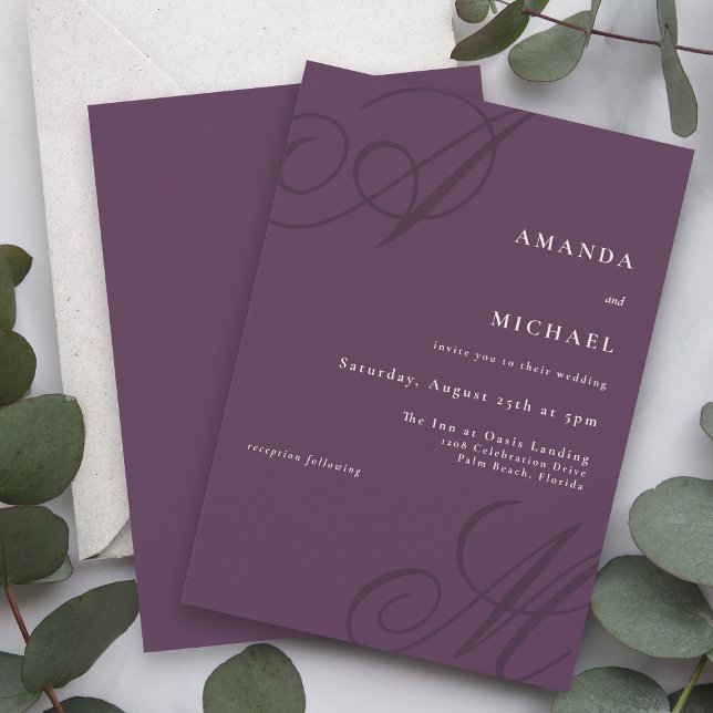Höstplommons Elegant - Kalligrafi - Monogram Bröll Inbjudningar (This simple minimalist fall wedding invitation has the bride and groom's initials in calligraphy.)