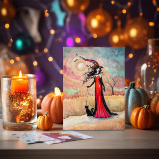 Höstpromenad Halloween Häxa och Svart Katt Konst Vykort