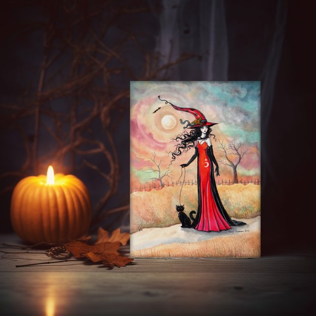 Höstpromenad Häxa Katt Halloween Konst Kort (Skapare uppladdad)