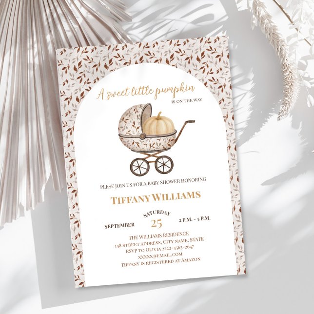 Höstpumkin barnvagn neutralt babydusch inbjudningar (A little pumpkin is on the way rustic retro stroller baby shower invitation )