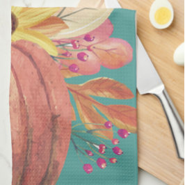 Höstpumkin blommigt teracotta orange teal kökshandduk