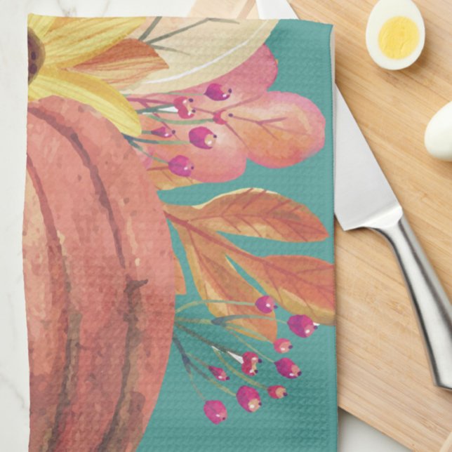 Höstpumkin blommigt teracotta orange teal kökshandduk (Skapare uppladdad)