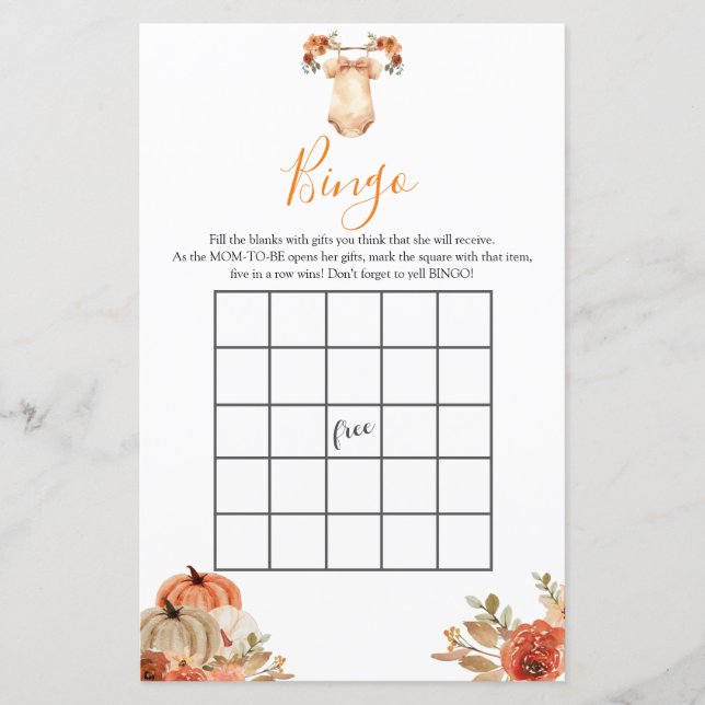 Höstpumpa Blommig Babykläder Baby Shower Bingo (Framsida)