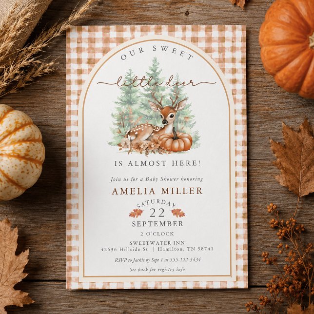 Höstpumpa Gingham Söt Hjort Baby Shower Inbjudningar (Autumn Pumpkin Gingham Sweet Deer Baby Shower Invitation)
