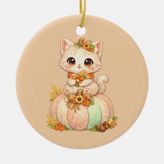 Höstpumpa Katt – Söt Höst Julgransprydnad Keramik (Framsidan)