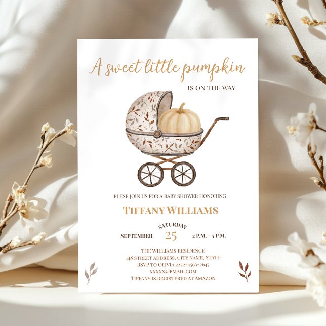 Höstpumpa könsneutral babydusch inbjudningar (A little pumpkin is on the way rustic retro stroller baby shower invitation )