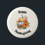 Höstpumpa med blommor, Thanksgiving Knapp<br><div class="desc">En knapp med falltemavbildning. Orange och vita pumpor omgivna av höst löv blommor och orangar.</div>