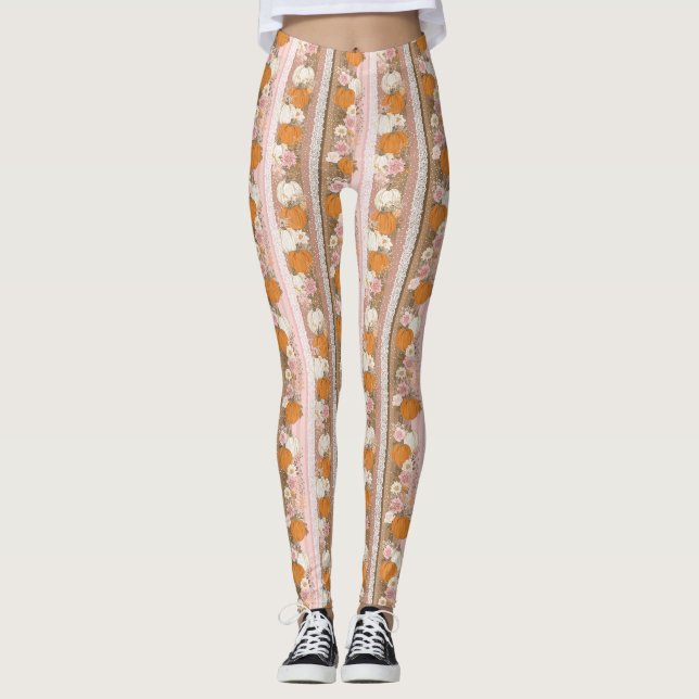 Höstpumpa och Blommigt Snöre sjölösa Mönster Leggings (Framsida)