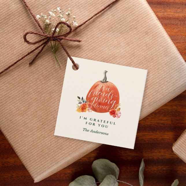 Höstpumpa Orange Blommiga Vänner Thanksgiving Midd Gåvor Etiketter (Skapare uppladdad)