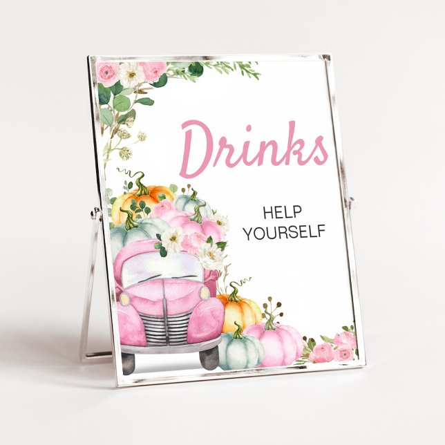 Höstpumpa Rosa Lastbil Dryckes Skylt (Little Pumpkin Pink Truck Baby Shower Drinks Sign)