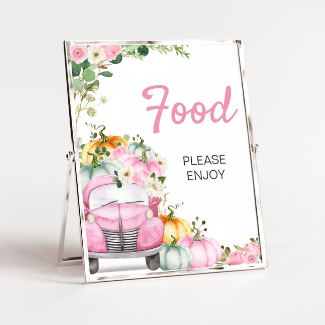 Höstpumpa Rosa Lastbil Matmärke Poster (Little Pumpkin Pink Truck Baby Shower Food Sign)