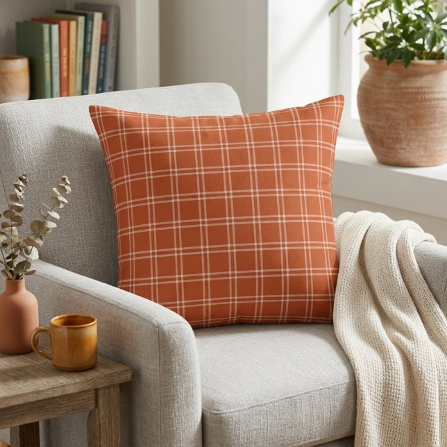 Höstpumpa Rutig Mysig Rustik Kastkudde Kudde (Autumn Pumpkin Plaid Cozy Rustic Throw Pillow)
