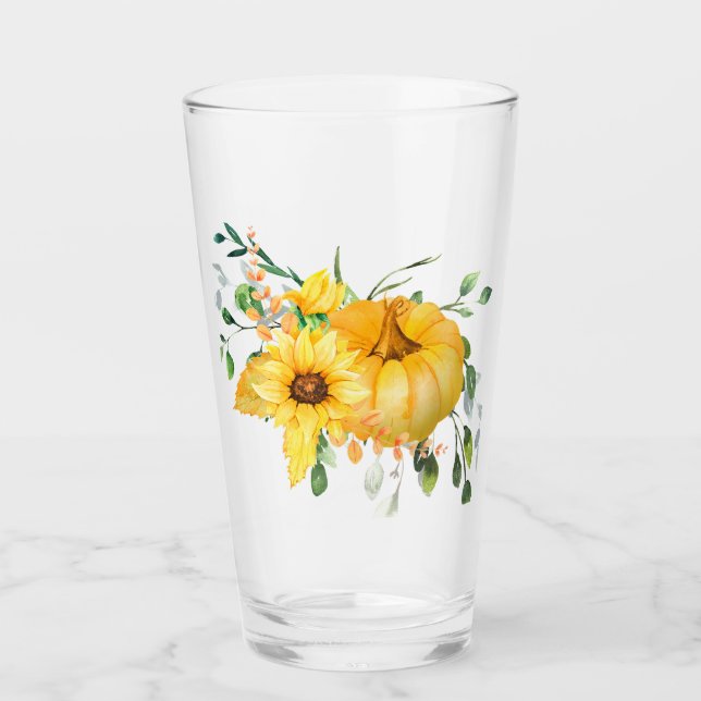 Höstpumpa, solrosor och grönska  glaskopp (Framsida)