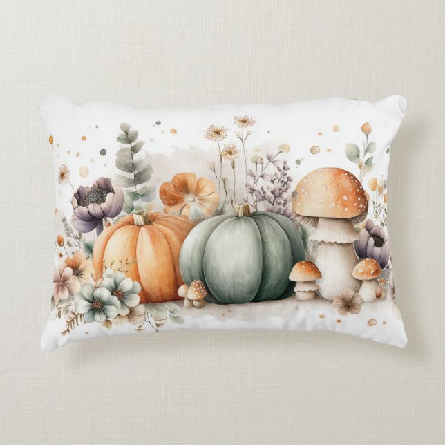 Höstpumpa, svampar och blommor prydnadskudde (Framsidan)
