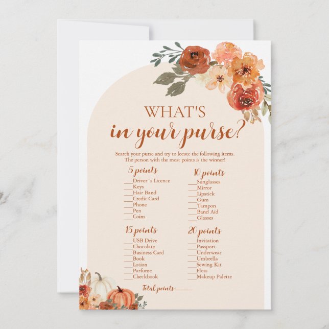 Höstpumpa Vad finns i din handväska Baby Shower Le Inbjudningar (Framsida)