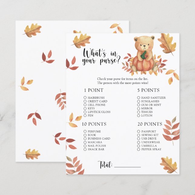 Höstpumpa. Vad har du i handväskan baby shower spe (Fram/baksida)