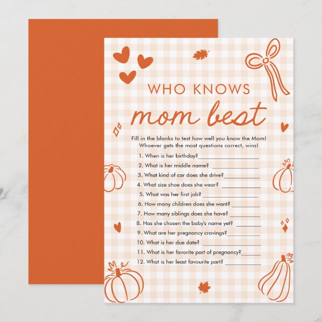 Höstpumpa Vem Känner Mamma Bäst Baby Shower-spel Inbjudningar (Fram/baksida)