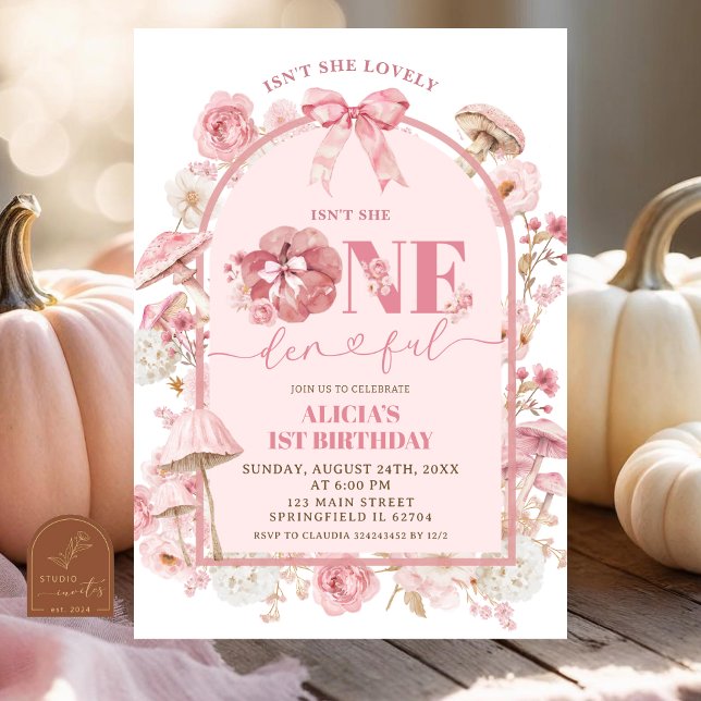 Höstpumpa Vit och Rosa Onederful 1-årsfest Inbjudningar (Skapare uppladdad)