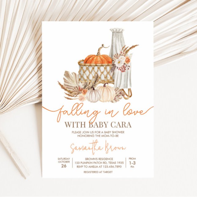 Höstpumpkin Fall i Kärlek Baby Shower Inbjudningar (Boho Orange Pumpkin Baby Shower Invitation)