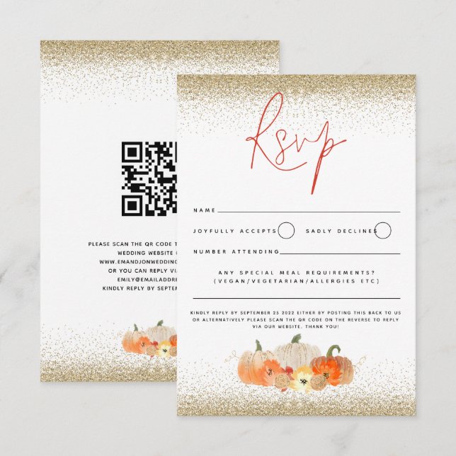 Höstpumpkins Blommigt Glitter Fall Script QR-kod OSA Kort (Fram/baksida)