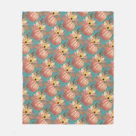 Höstpumpor blommigt teracotta orange och teal fleecefilt