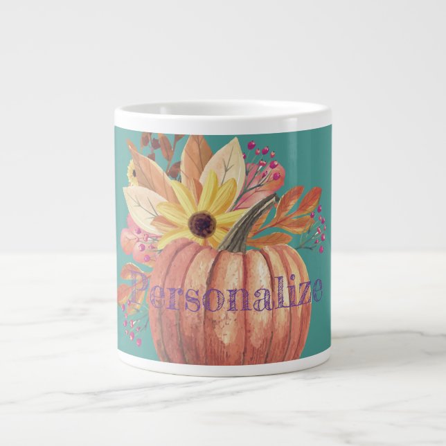 Höstpumpor blommigt teracotta orange och teal jumbo mugg (Framsidan)