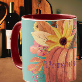 Höstpumpor blommigt teracotta orange och teal mugg