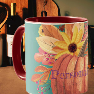 Höstpumpor blommigt teracotta orange och teal mugg