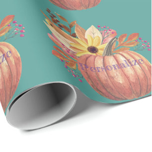 Höstpumpor blommigt teracotta orange och teal presentpapper