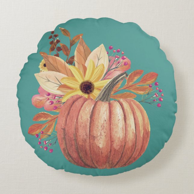 Höstpumpor blommigt teracotta orange och teal rund kudde (Framsidan)