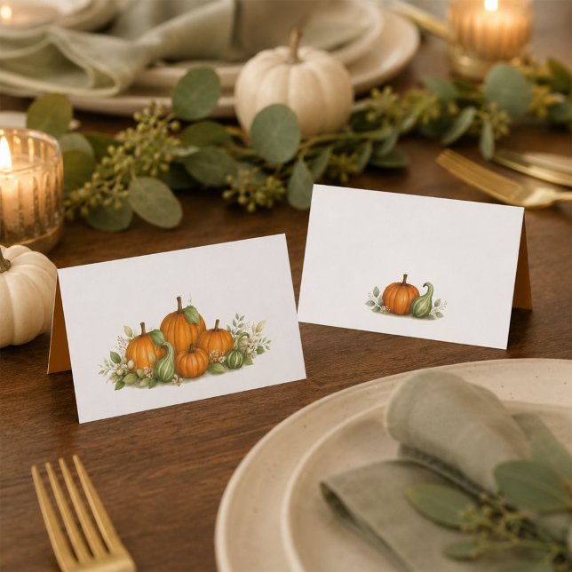 Höstpumpor och kalebasser Akvarell Middag Placeringskort (Watercolor pumpkins and gourds create an elegant place card for your fall table.)