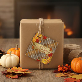 Höstpumpor och löv på rutig Thanksgiving Gåvor Etiketter