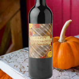Höstpumpor och löv på rutig Thanksgiving Vinflaska Etikett