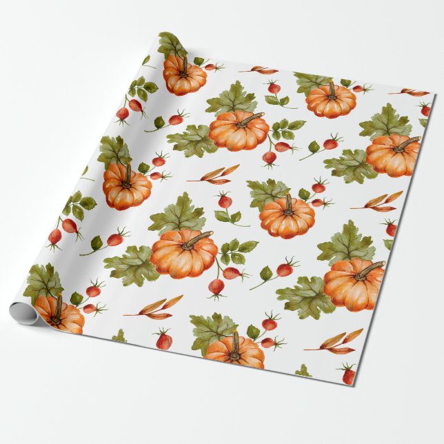 Höstpumpor, röda bär och löv  presentpapper (Utrullad)