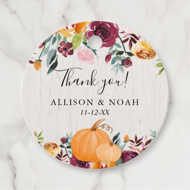 Höstpumpor rustik blomster burgunderrosa gåvor etiketter (Framsida)