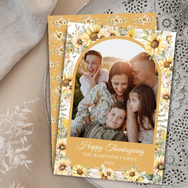 Höstpunktsfärg för vattenfärg Happy thanksgiving Julkort (elegant autumn fall watercolor sunflowers happy thanksgiving cards with arch photo for family work)