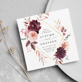 Höstromantik Guld ram vinröd fyrkantig bröllopsinb Inbjudningar