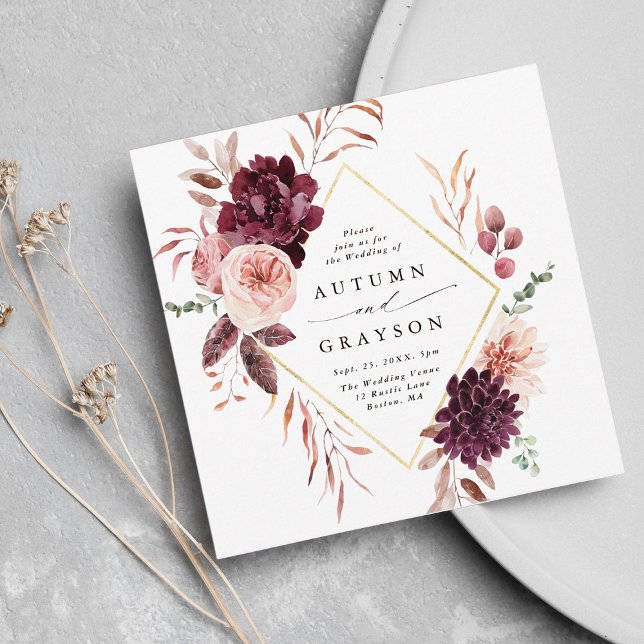 Höstromantik Guld ram vinröd fyrkantig bröllopsinb Inbjudningar (Skapare uppladdad)