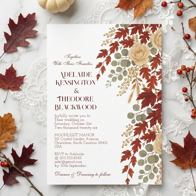 Höstromantik Höstens Lycka | Elfenbensfärgad Burgu Inbjudningar (Fall Romance Autumn Bliss | Ivory Burgundy Wedding Invitation)