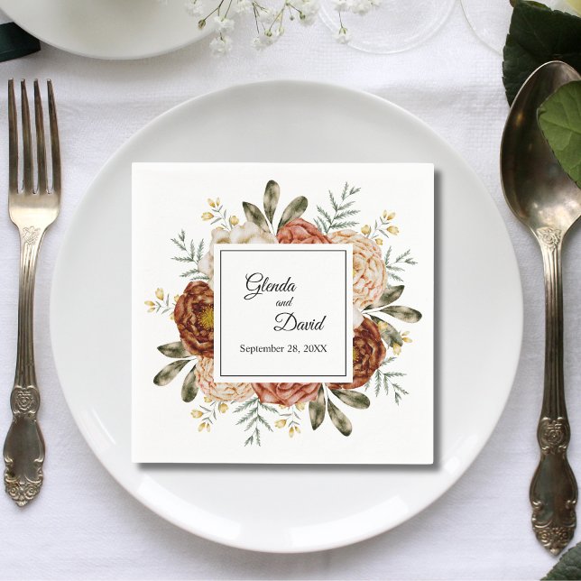 Höstromantik Vattenfärg Blommor Anpassad Bröllop Pappersservett (Autumn romance watercolor floral custom napkins add warm romantic charm to your wedding table)
