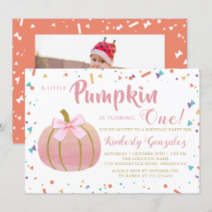 HöstRosa Little Pumpkin 1:a födelsedagsfoto Inbjudningar
