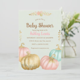Höstrosa och guld pumpa baby shower inbjudan