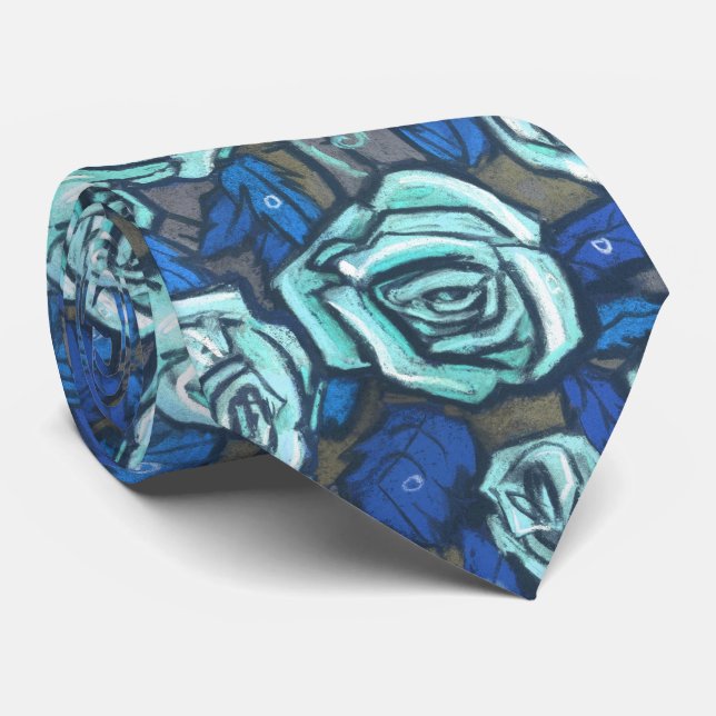 Höstrosor Retro blomster Mönster Blå Grå Mint Slips (Rullad)