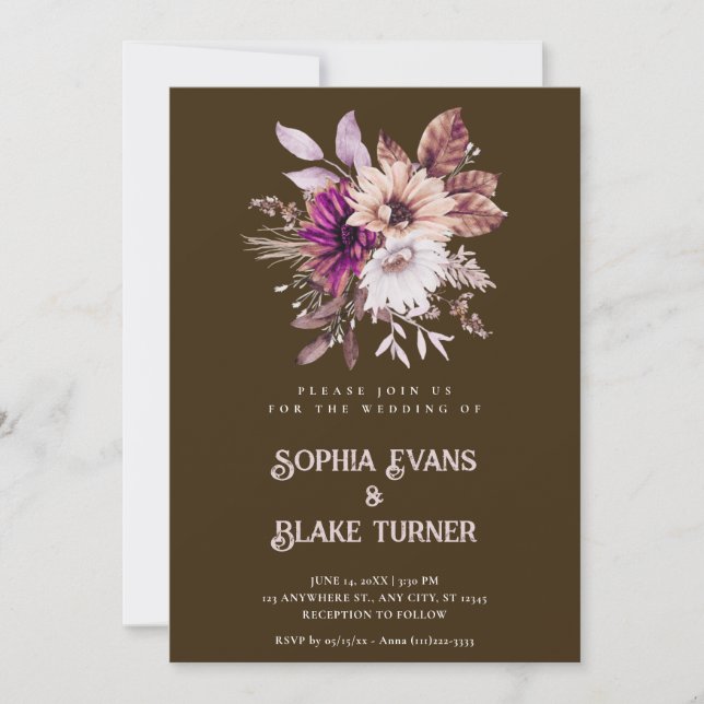 Höstrustik blomster botanisk mocha brun bröllopsin inbjudningar (Framsida)