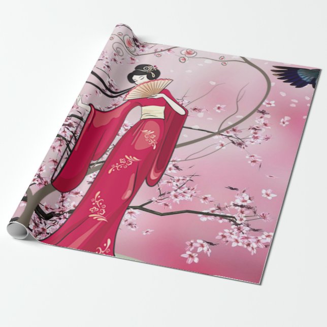 Höstsäsongen Japanska Dam i Kimono Presentpapper (Utrullad)