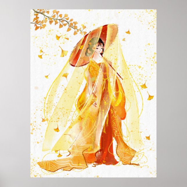 Höstserenitet: japansk Geisha Watercolor Poster (Framsidan)