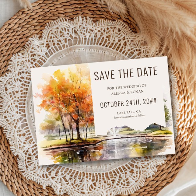 Höstsjön Aquarell Landskapspark Spara Datum Datumet (Fall Lake Wedding Save the Date by Darling & May - buy digital download or order professional prints)