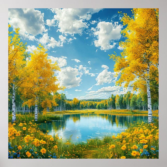 Höstsjön med gyllene träd lugn naturvy poster (Framsidan)