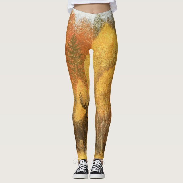 Höstskog, digital hjort och räv. leggings (Framsida)