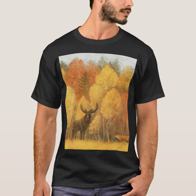 Höstskog, digital hjort och räv. t shirt (Framsida)